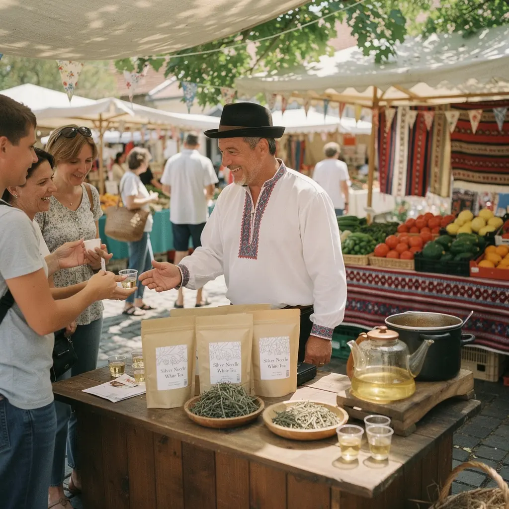 Ezüst tű fehér tea, finom rügyekből készült, világos színű folyadékkal.